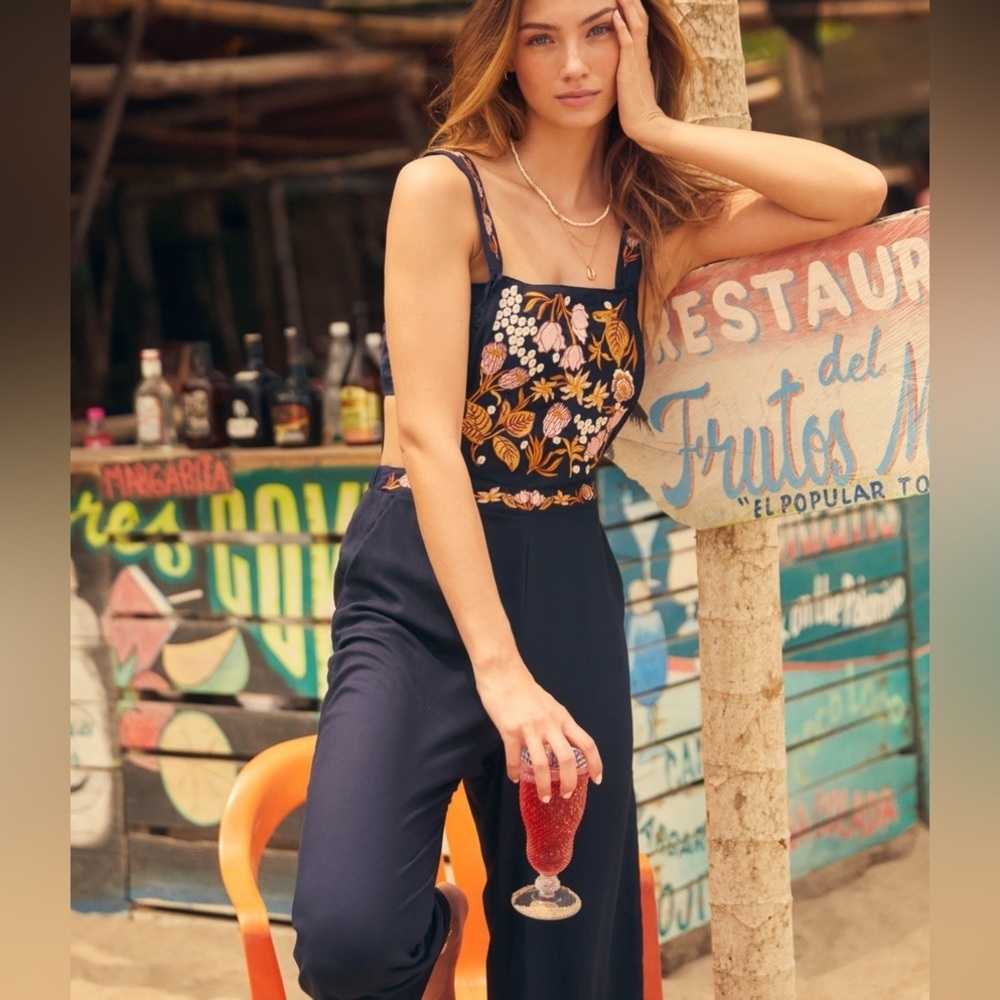 Agua Bendita 2020 Embroidery Floret Story Cleo Overalls Jumpsuit in Blue sz S/M